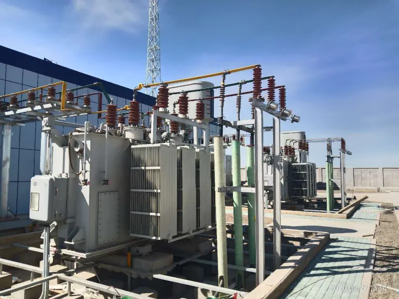 Outdoor substation with power transformers at an industrial site